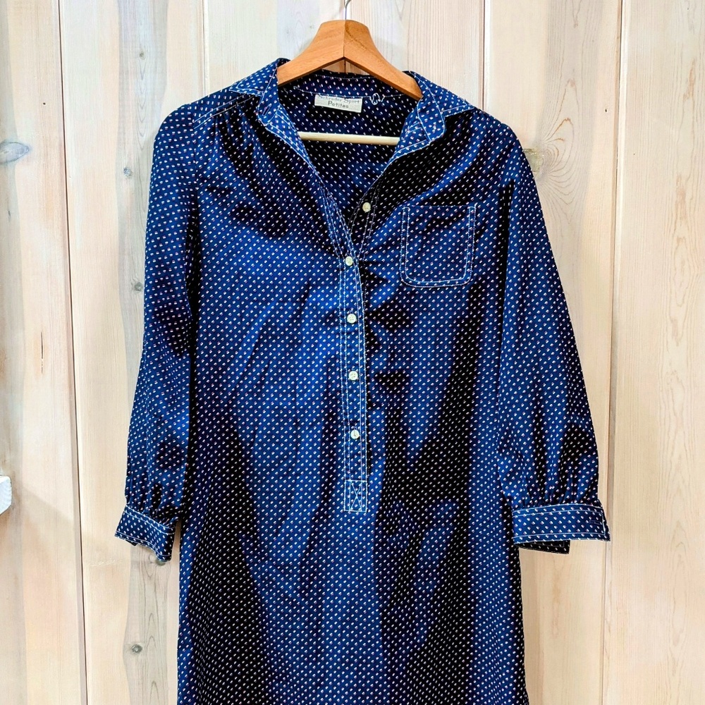 Vintage Navy Square Dot Mod Style Button-Up Shirt Dress